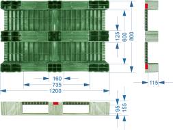 Паллет (поддон) пластиковый усиленный сплошной на 3-х полозьях, 1200х800х150 мм, зеленый [TR 1208-1-1]