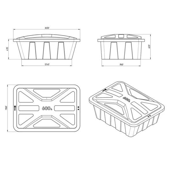 Ванна пластиковая пищевая с крышкой KN, 600 л, 1.5 г/см³, HDPE, синий [121207.0600.601.001]